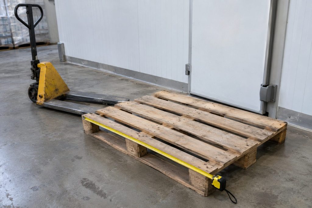 Europallet met rolmeter naast een transpallet bij een koelcel
