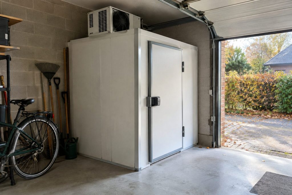 Kleine stekkerklare koelcel in een garage met fiets en tuingerief