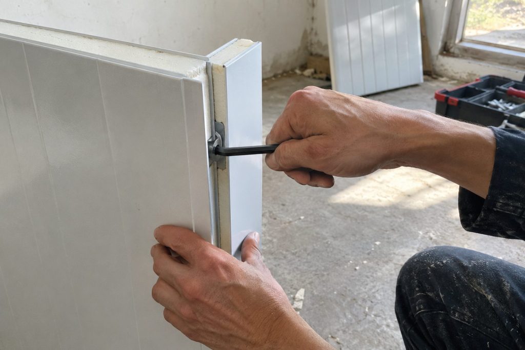 Handen draaien een spanslot tussen twee koelcelpanelen vast