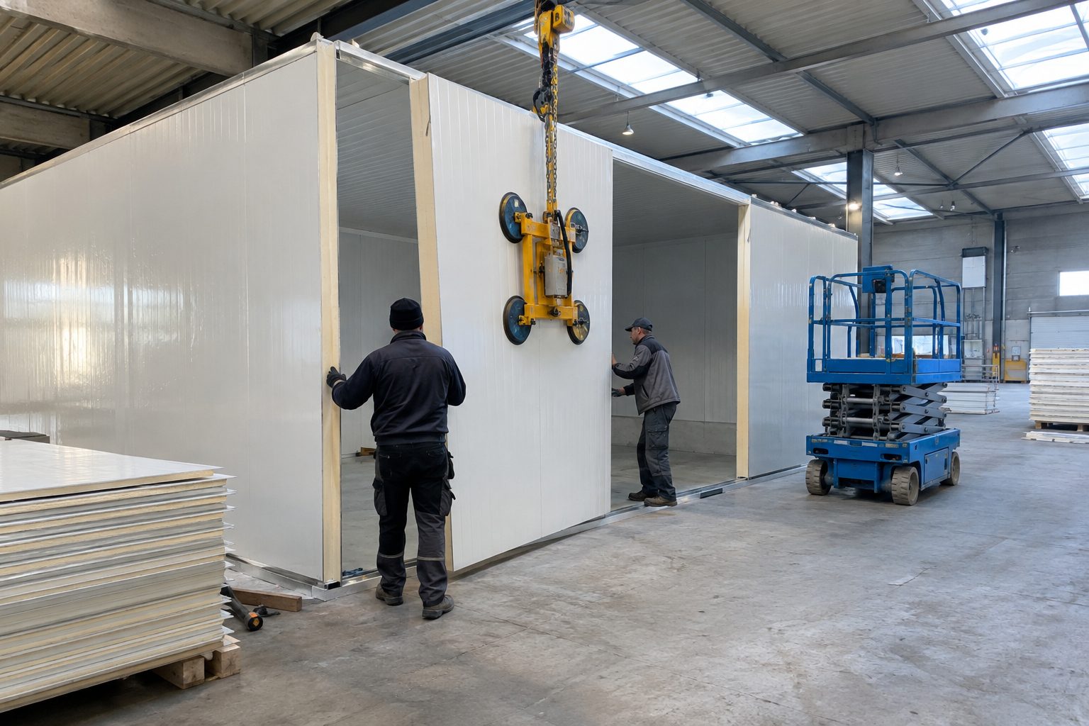 Twee monteurs zetten met een vacuümheffer een wit wandpaneel van een halfgebouwde vriescel in een industriële hal