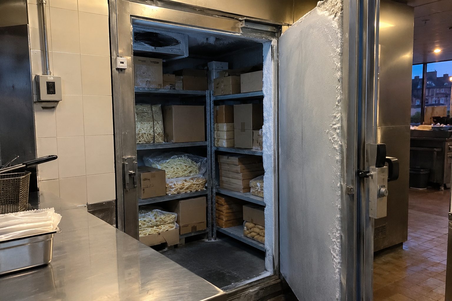 Open vriesceldeur met rijp in een frituurkeuken, binnen dozen diepvriesfrieten op metalen rekken