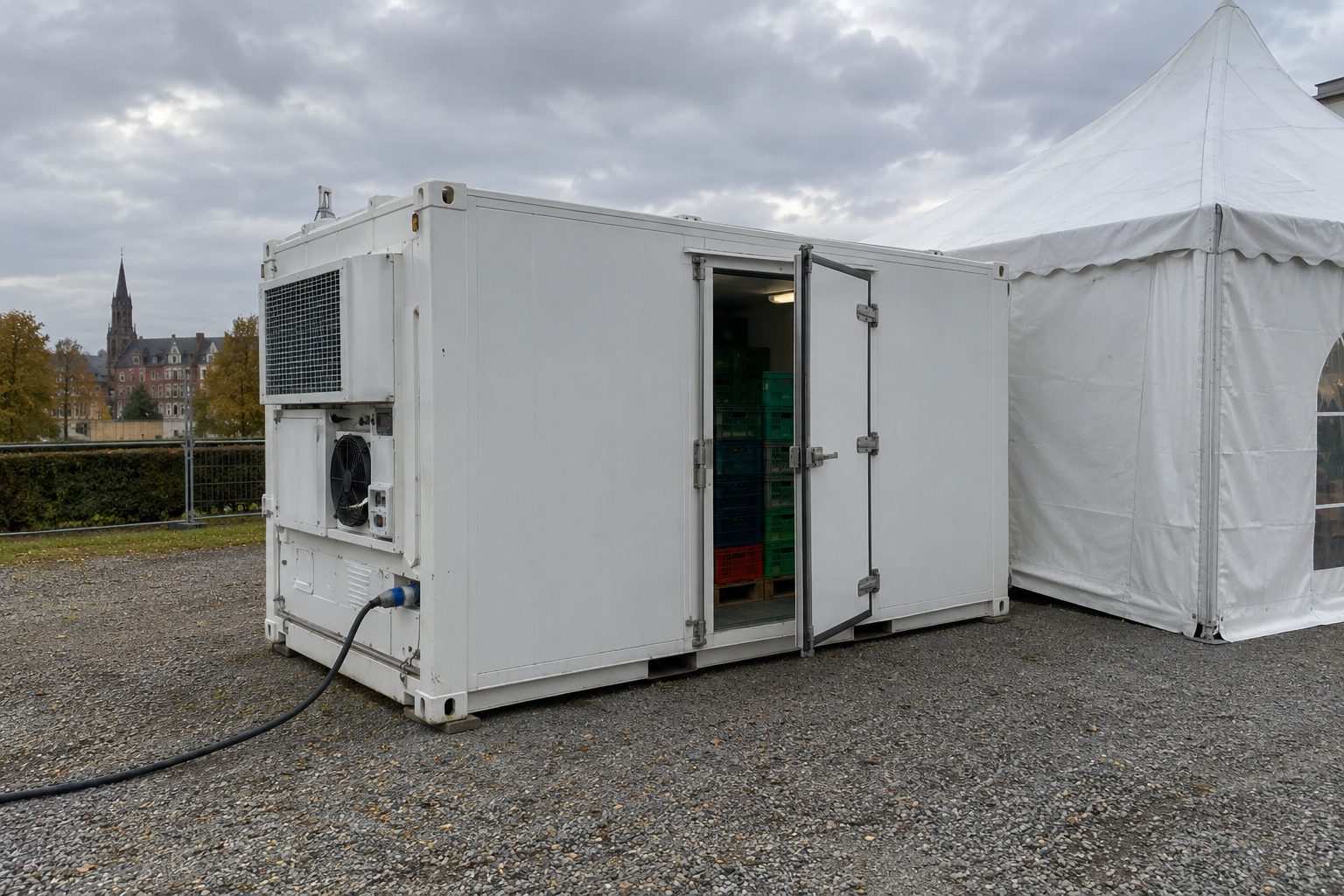 Witte mobiele koelcontainer met stroomkabel naast een eventtent op een grindterrein
