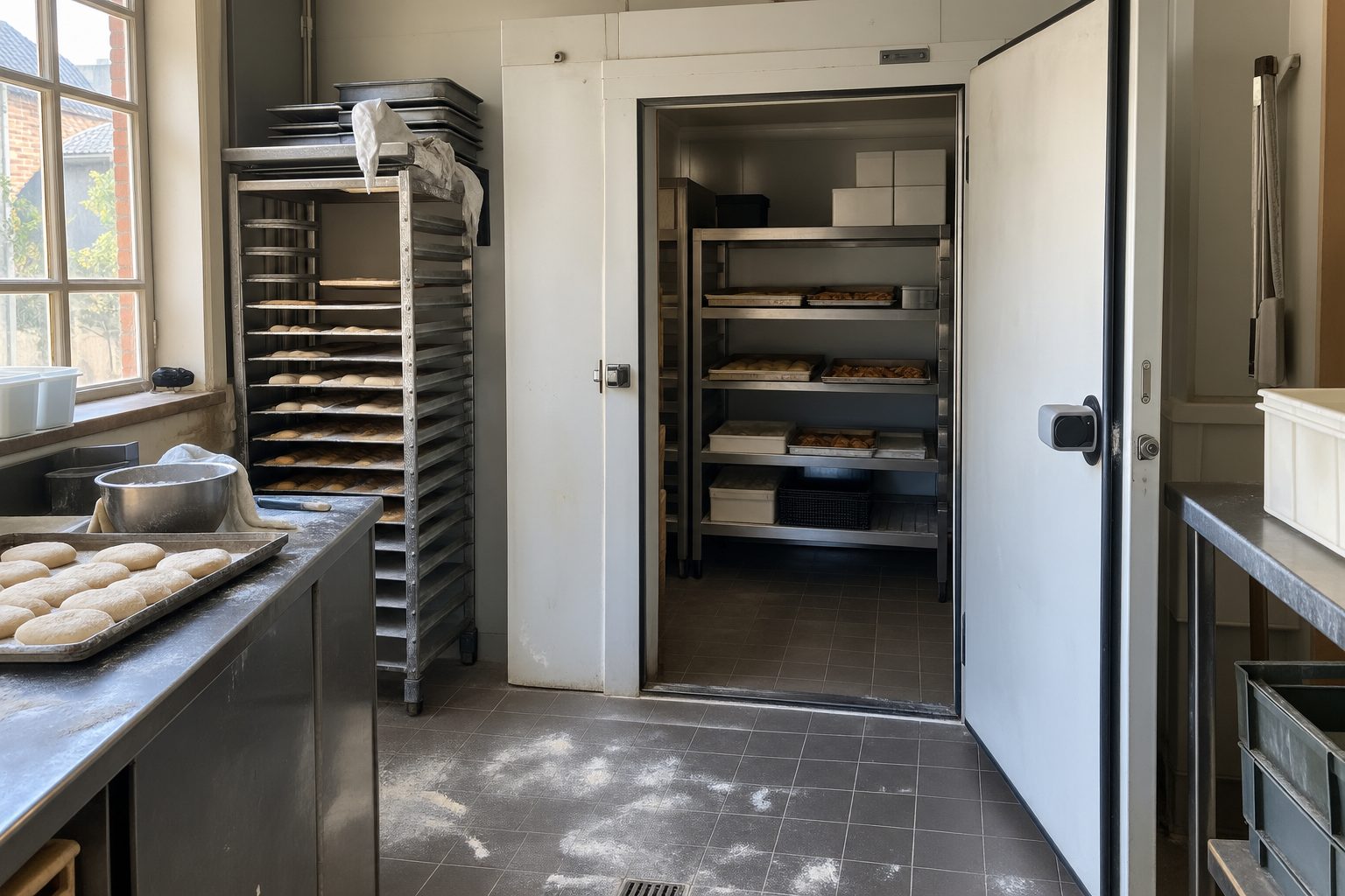 Open deur van een kleine koelcel in de achterkeuken van een bakkerij, met rekken vol deeg en dozen