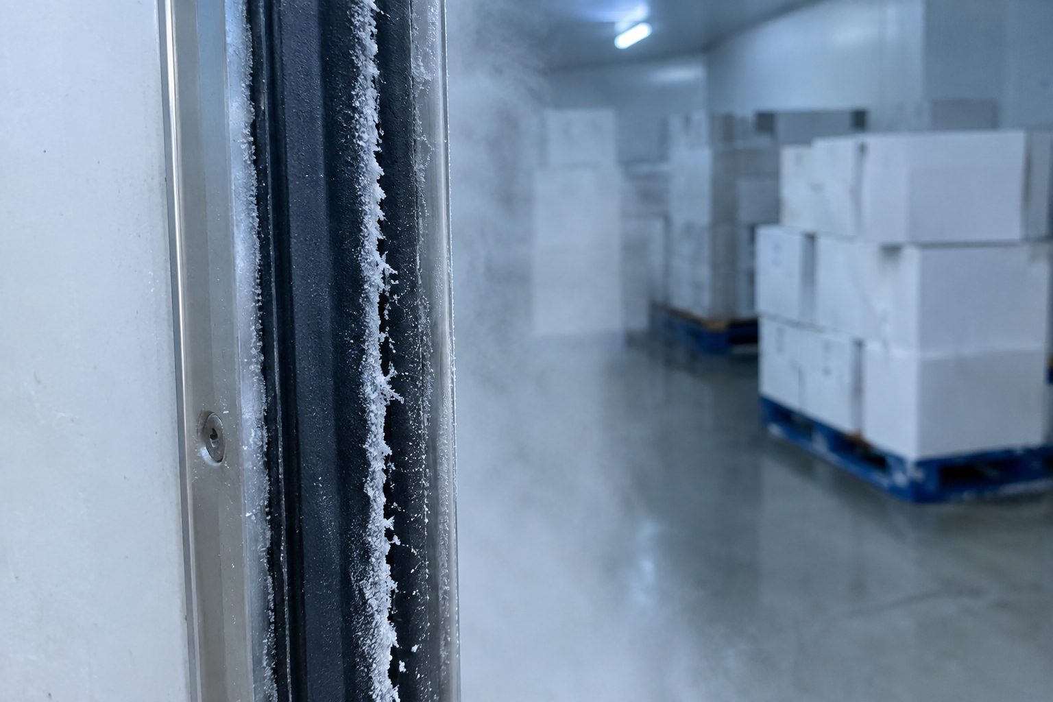 Rijp en ijskristallen op de rubber van een open vriesceldeur, koude damp en pallets met dozen op de achtergrond