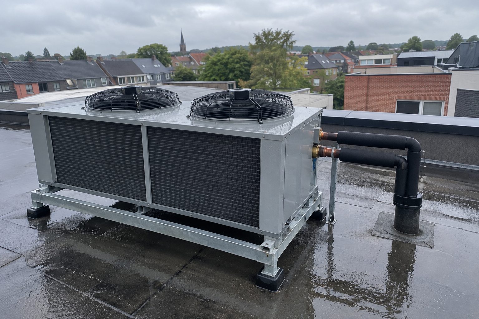 Grijze koelcondensor met twee ventilatoren op een nat plat dak van een bedrijfsgebouw