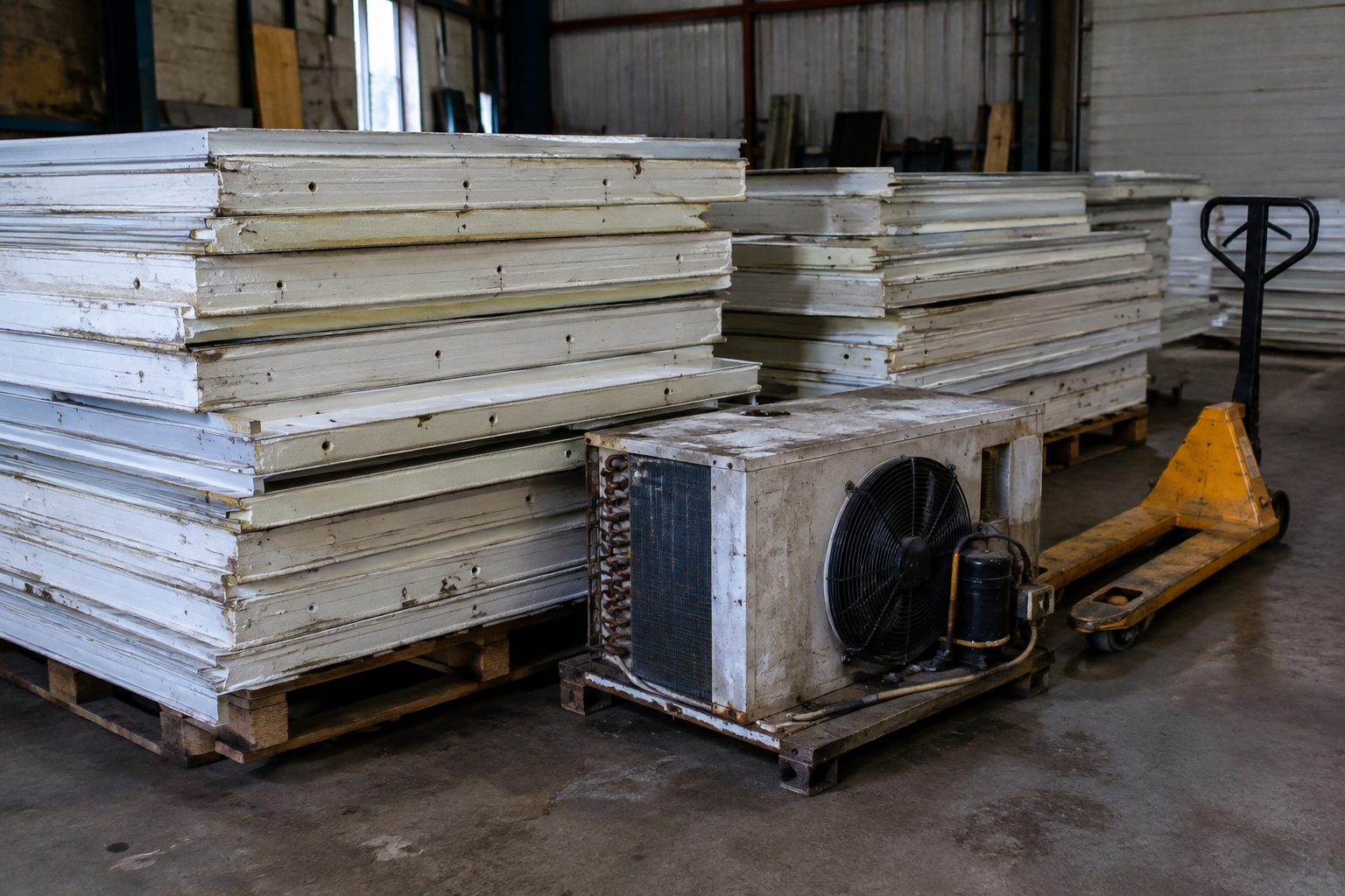 Gedemonteerde, gebruikte witte koelcelpanelen op pallets in een loods, met een oude koelunit en een transpallet